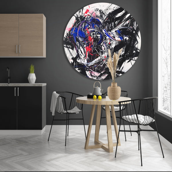 Dynamisch abstract kunstwerk met levendige kleuren aluminium muurcirkel