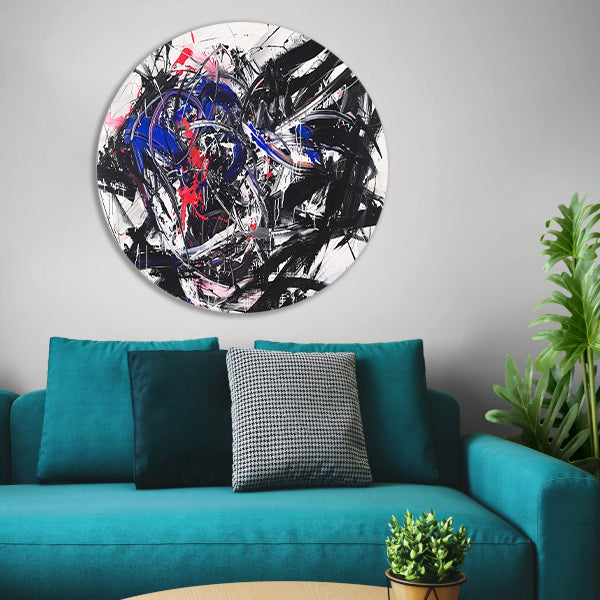 Dynamisch abstract kunstwerk met levendige kleuren aluminium muurcirkel