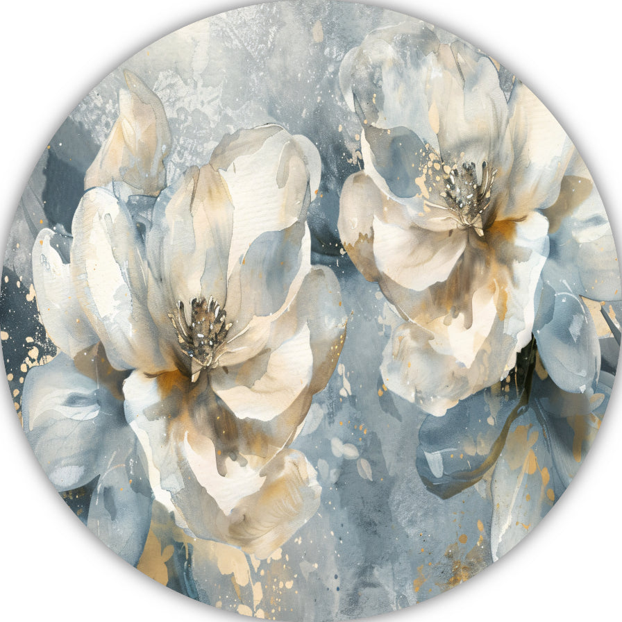 Abstracte Aquarel Bloemen met Gouden Spatten aluminium muurcirkel