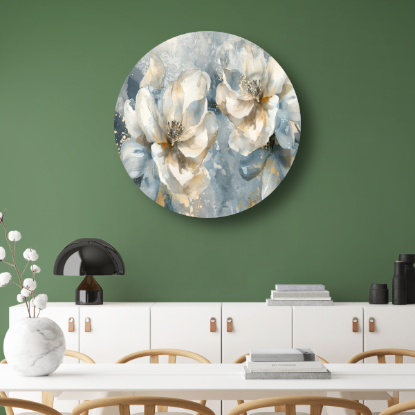 Abstracte Aquarel Bloemen met Gouden Spatten forex muurcirkel