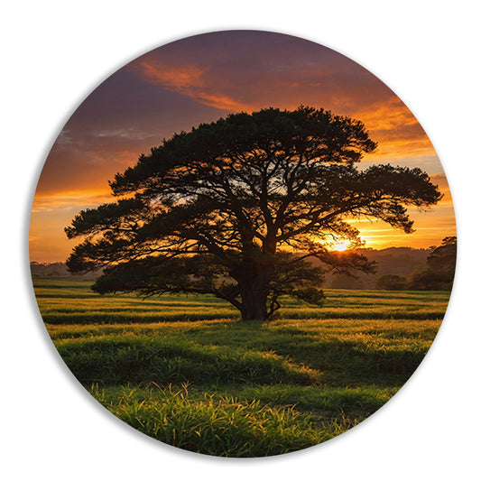 Zonsondergang achter majestueuze boom in landschap aluminium muurcirkel