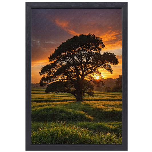 Zonsondergang achter majestueuze boom in landschap canvas met baklijst