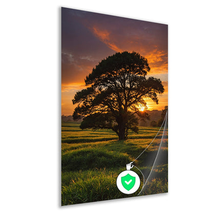 Zonsondergang achter majestueuze boom in landschap poster