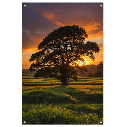 Zonsondergang achter majestueuze boom in landschap tuinposter