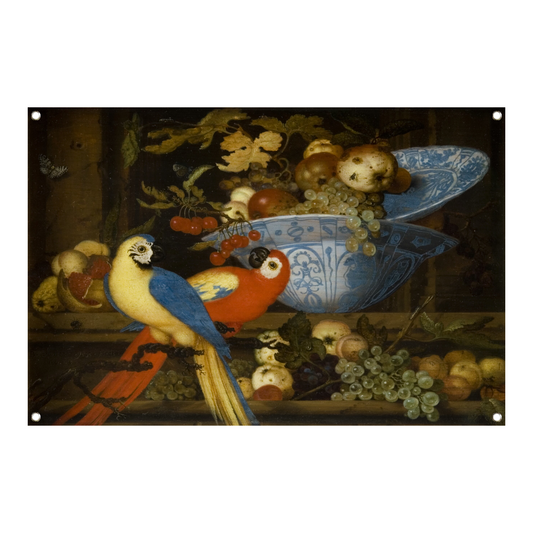 Stilleven met fruit en twee papegaaien - Balthasar van der Ast tuinposter