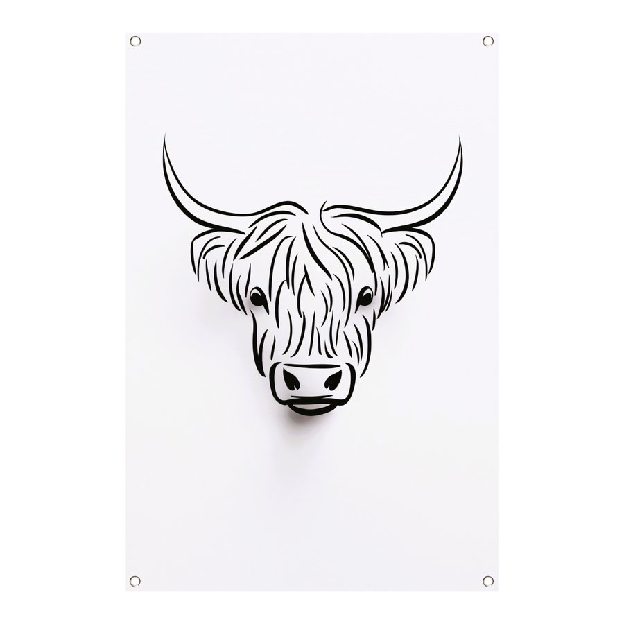 Zwart-witte minimalistische Schotse hooglander lijnillustratie tuinposter