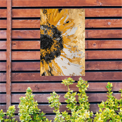 Dynamische abstracte zonnebloem in goud en zwart tuinposter