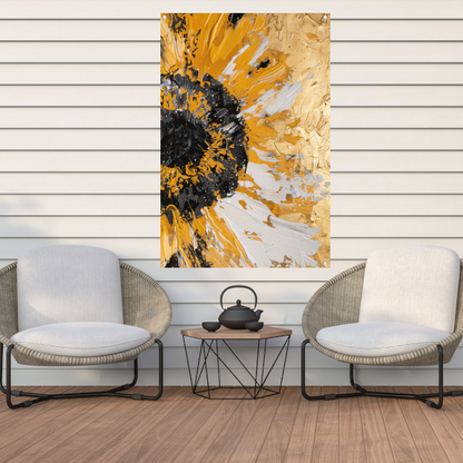 Dynamische abstracte zonnebloem in goud en zwart tuinposter