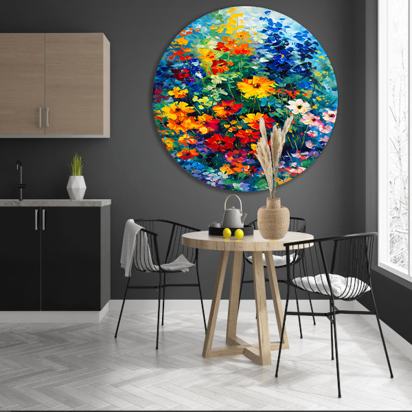 Kleurrijk abstract bloemenveld schilderij forex muurcirkel