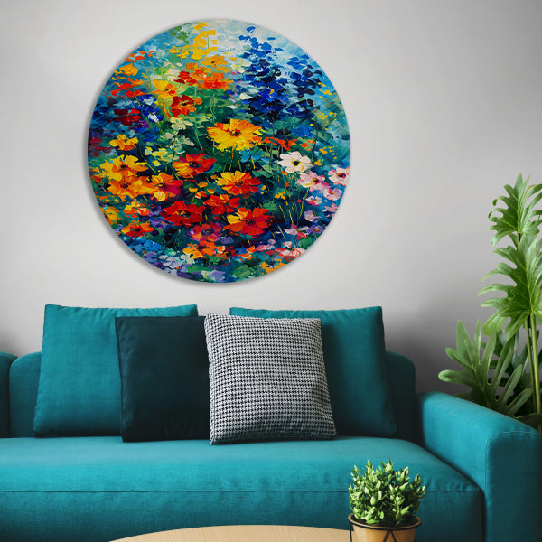 Kleurrijk abstract bloemenveld schilderij forex muurcirkel