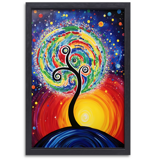 Minimalistisch schilderij met boom en zon canvas met baklijst