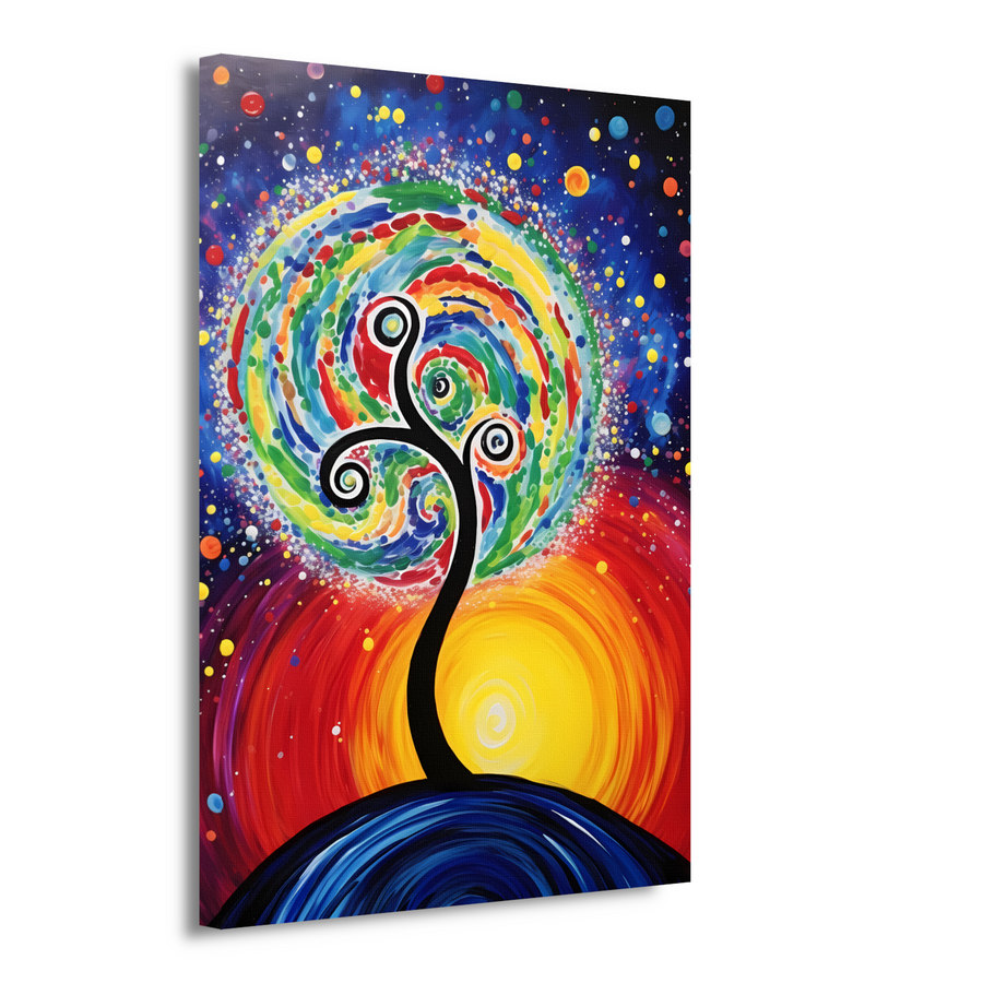 Minimalistisch schilderij met boom en zon canvas