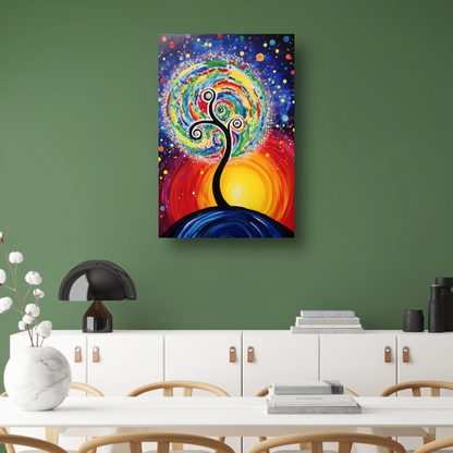 Minimalistisch schilderij met boom en zon poster