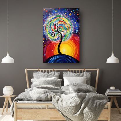Minimalistisch schilderij met boom en zon poster