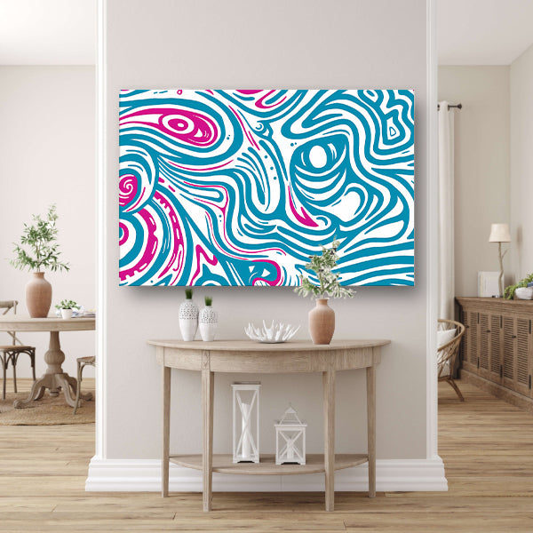 Dynamisch abstract lijnenspel in blauw en roze canvas met baklijst