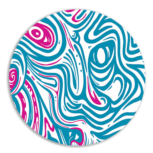 Dynamisch abstract lijnenspel in blauw en roze aluminium muurcirkel