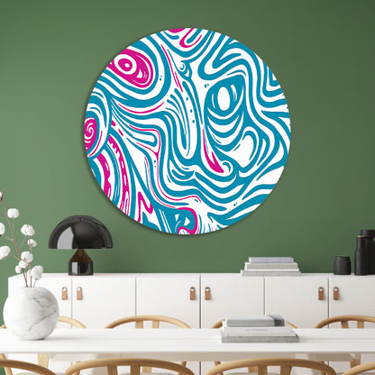 Dynamisch abstract lijnenspel in blauw en roze aluminium muurcirkel