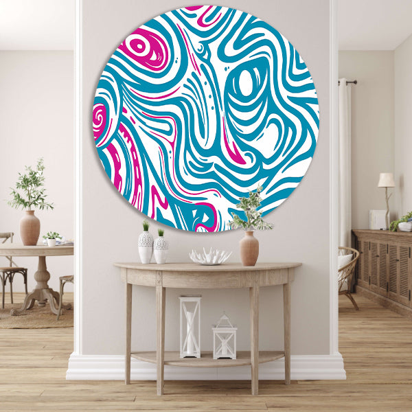 Dynamisch abstract lijnenspel in blauw en roze aluminium muurcirkel