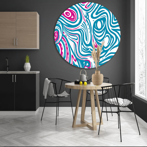 Dynamisch abstract lijnenspel in blauw en roze aluminium muurcirkel