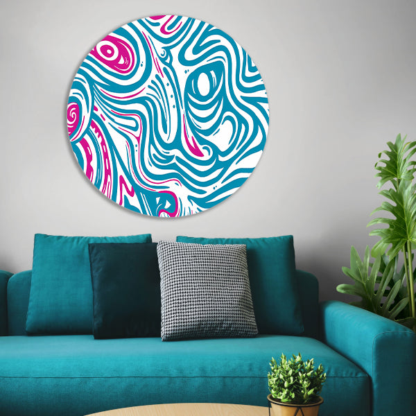 Dynamisch abstract lijnenspel in blauw en roze aluminium muurcirkel