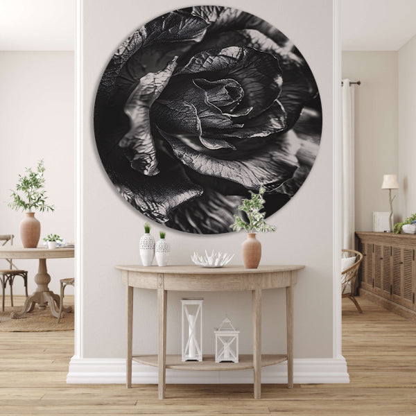 Elegante zwart-wit macrofotografie van een roos aluminium muurcirkel