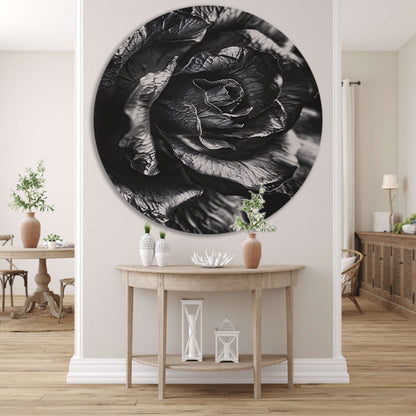 Elegante zwart-wit macrofotografie van een roos aluminium muurcirkel