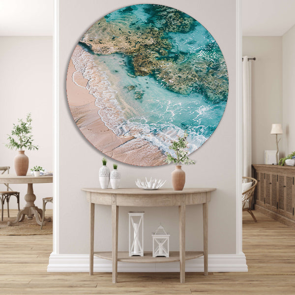 Luchtfoto van turquoise zee en strand aluminium muurcirkel