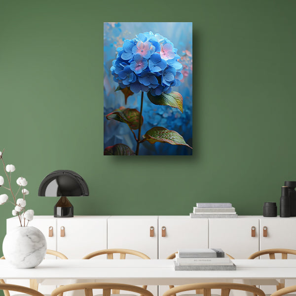 Blauwe hortensia met pastelkleuren in close-up canvas met baklijst