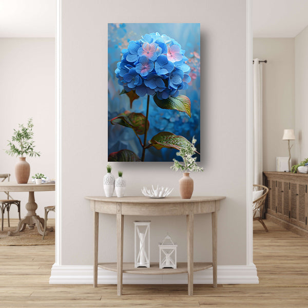 Blauwe hortensia met pastelkleuren in close-up canvas met baklijst