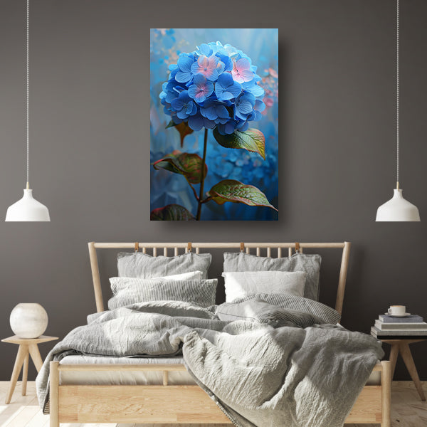Blauwe hortensia met pastelkleuren in close-up canvas met baklijst