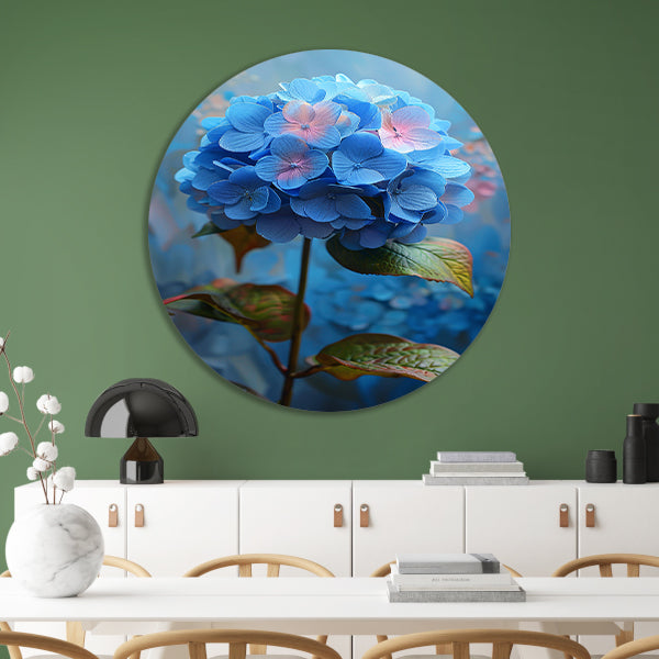 Blauwe hortensia met pastelkleuren in close-up aluminium muurcirkel