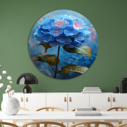 Blauwe hortensia met pastelkleuren in close-up aluminium muurcirkel