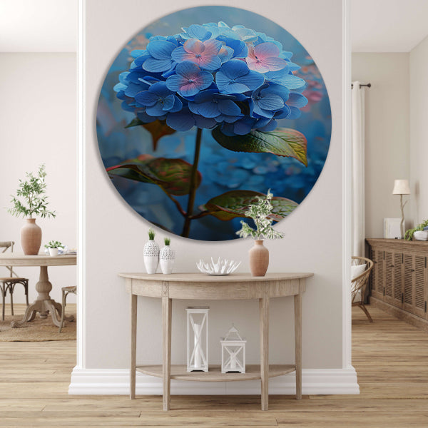 Blauwe hortensia met pastelkleuren in close-up aluminium muurcirkel