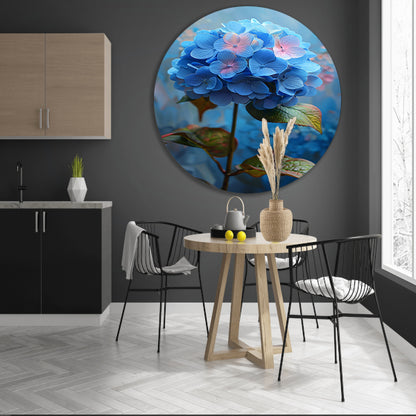 Blauwe hortensia met pastelkleuren in close-up aluminium muurcirkel