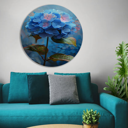 Blauwe hortensia met pastelkleuren in close-up aluminium muurcirkel