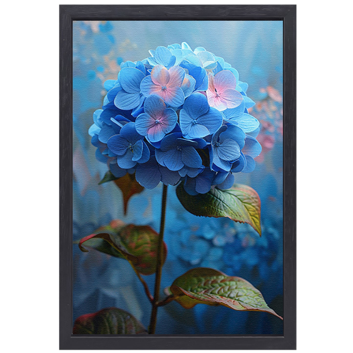 Blauwe hortensia met pastelkleuren in close-up canvas met baklijst