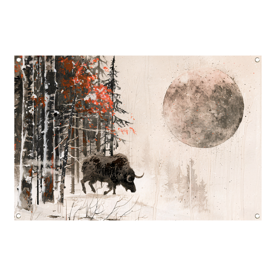 Bison in besneeuwd bos bij maanlicht tuinposter