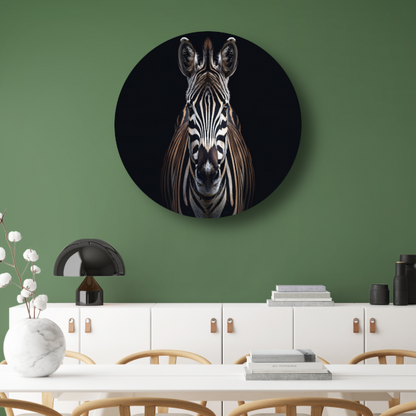 Stille contemplatie van een zebra aluminium muurcirkel
