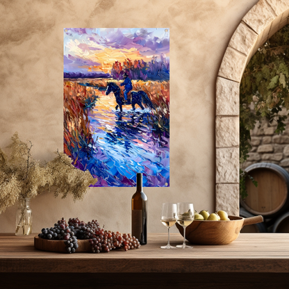 Ruiter op paard bij zonsondergang schilderij tuinposter