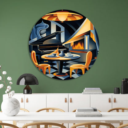 Minimalistische eetkamer met raam aluminium muurcirkel
