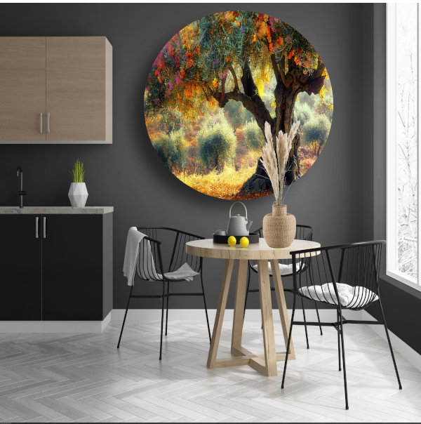 Bloeiende fruitboom in voorjaarstuin aluminium muurcirkel