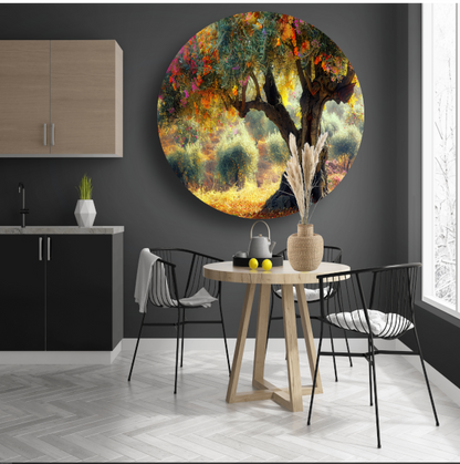 Bloeiende fruitboom in voorjaarstuin aluminium muurcirkel