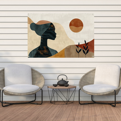 Abstract silhouet van een vrouw met natuurlijke kleuren tuinposter