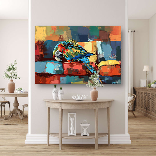 Kleurrijke papegaai op abstracte bank poster