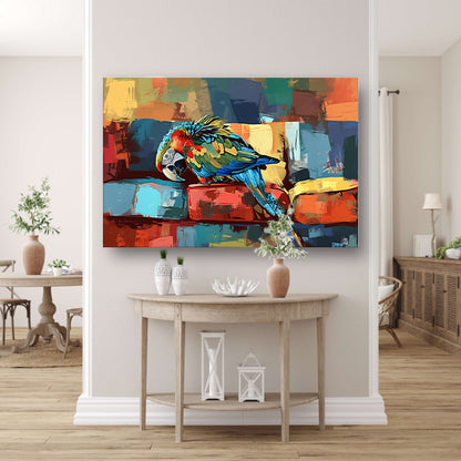 Kleurrijke papegaai op abstracte bank poster