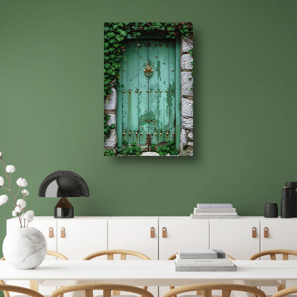 Verweerde groene deur met gouden accenten canvas