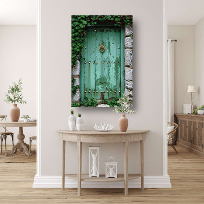 Verweerde groene deur met gouden accenten canvas