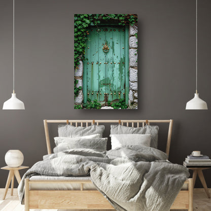 Verweerde groene deur met gouden accenten canvas
