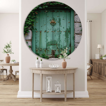Verweerde groene deur met gouden accenten aluminium muurcirkel
