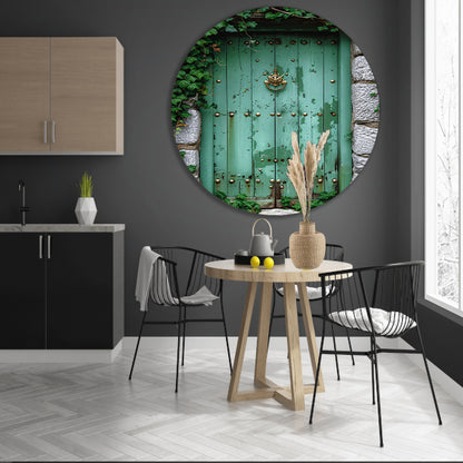 Verweerde groene deur met gouden accenten aluminium muurcirkel